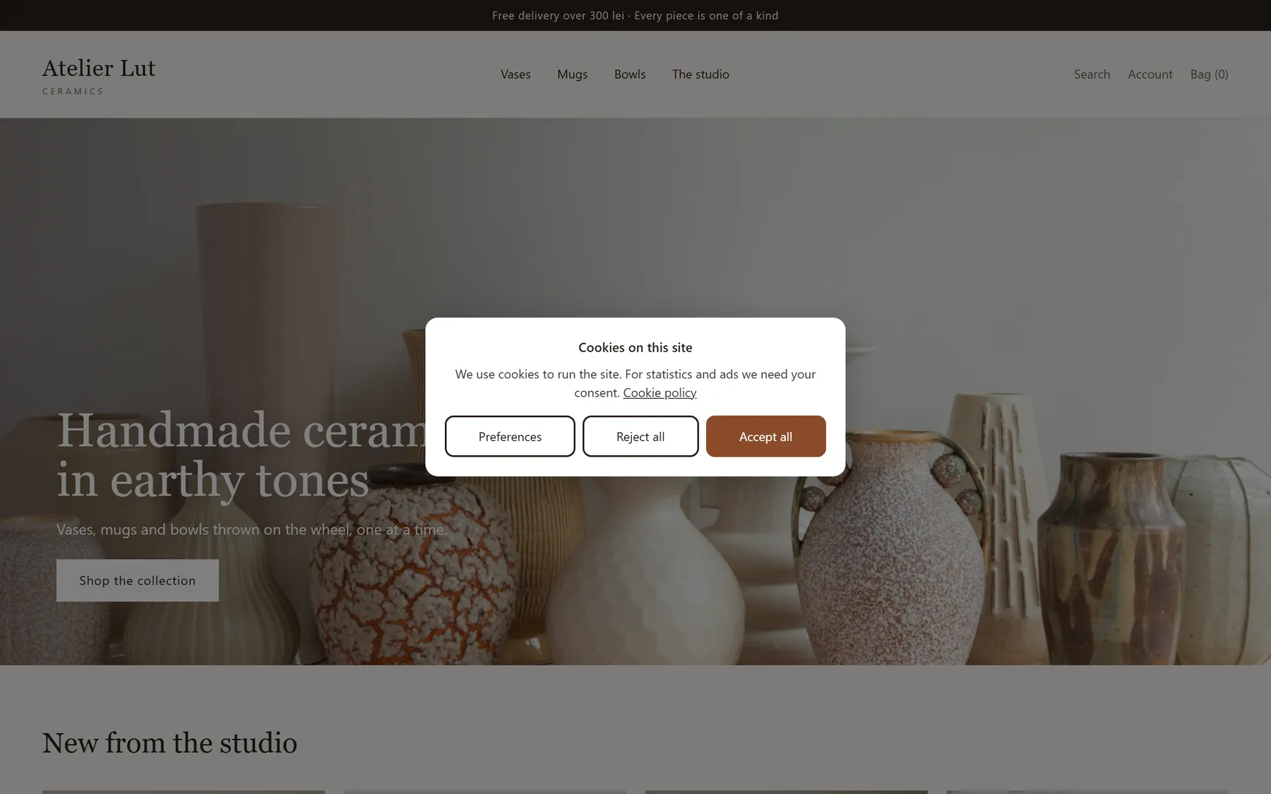 A Shopify store home page with the Consentia banner centred: Preferences, Reject all and Accept all.