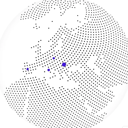Globul 3D din aplicație, cu locațiile acceptărilor în Europa.