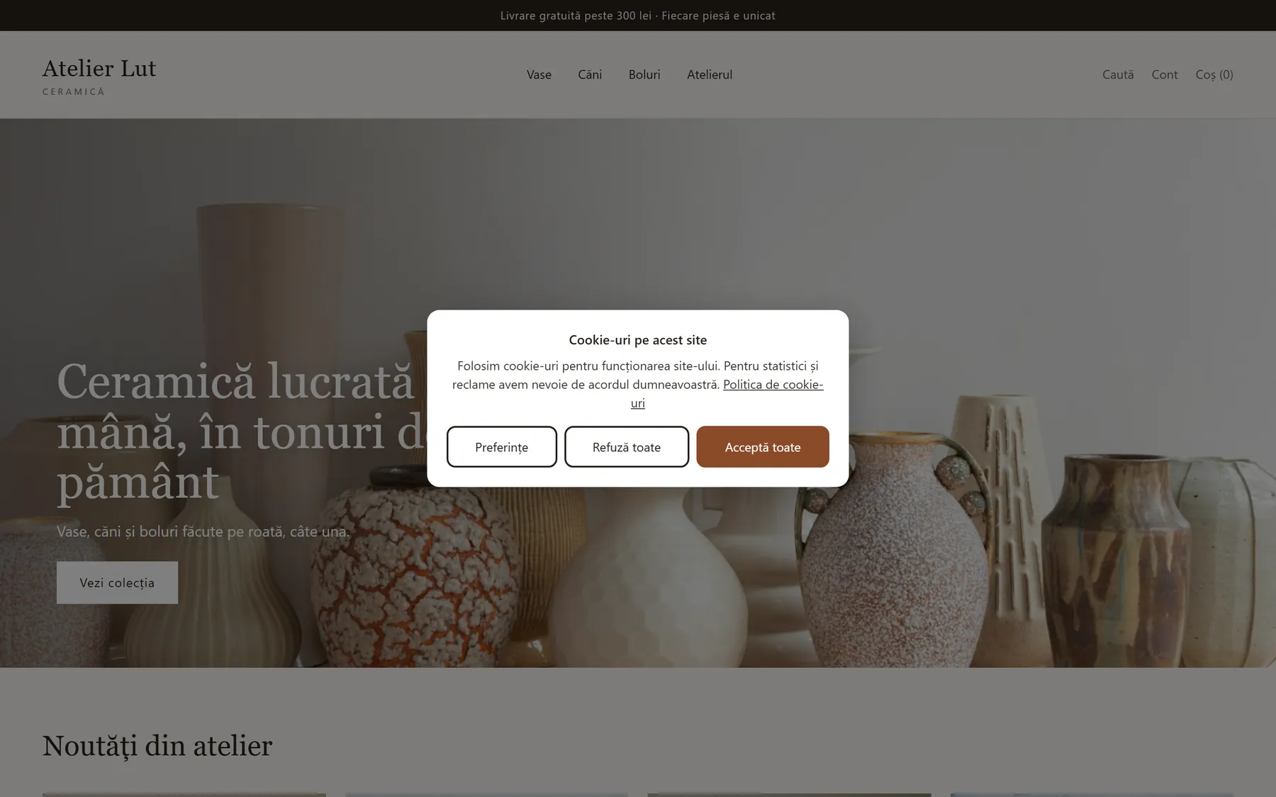 Pagina principală a unui magazin Shopify, cu bannerul Consentia centrat: Preferințe, Refuză toate și Acceptă toate.