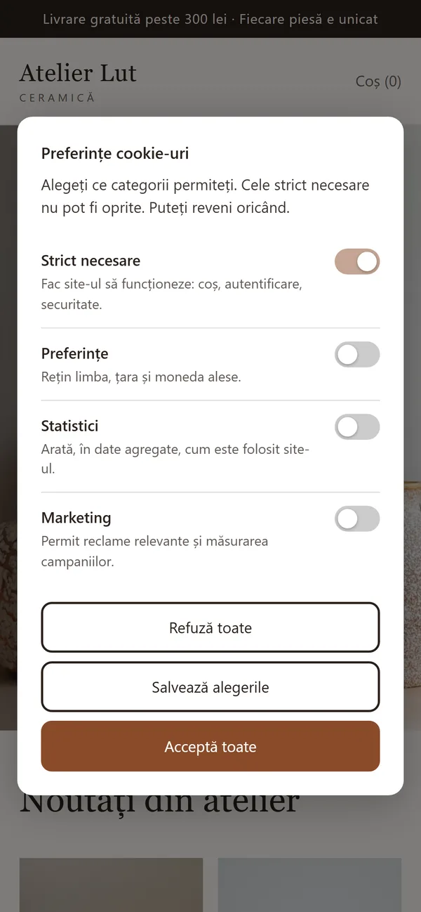 Fereastra de preferințe pe telefon.